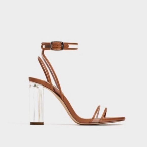*SOLD* ZARA CLEAR VINYL TRANSPARENT STRAPPY HIGH HEELS with Tan Beige Trim - Picture 2 of 13